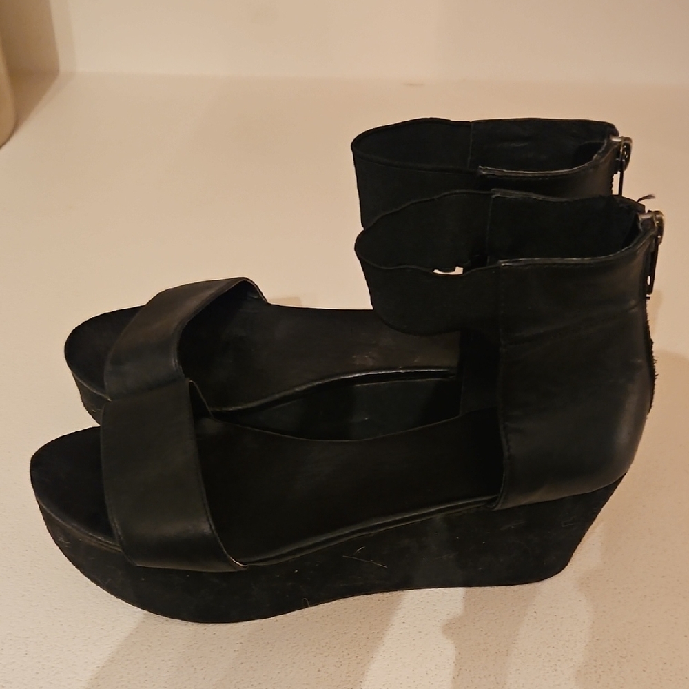Shellys London Black Leather Ankle-Strap Wedge Sandals